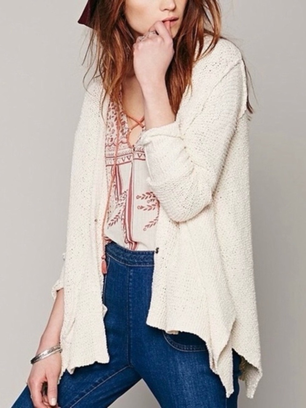 Free People Cream Knit Women's Cardigan Sweater V-Neck Snap Front Shark Hem Med